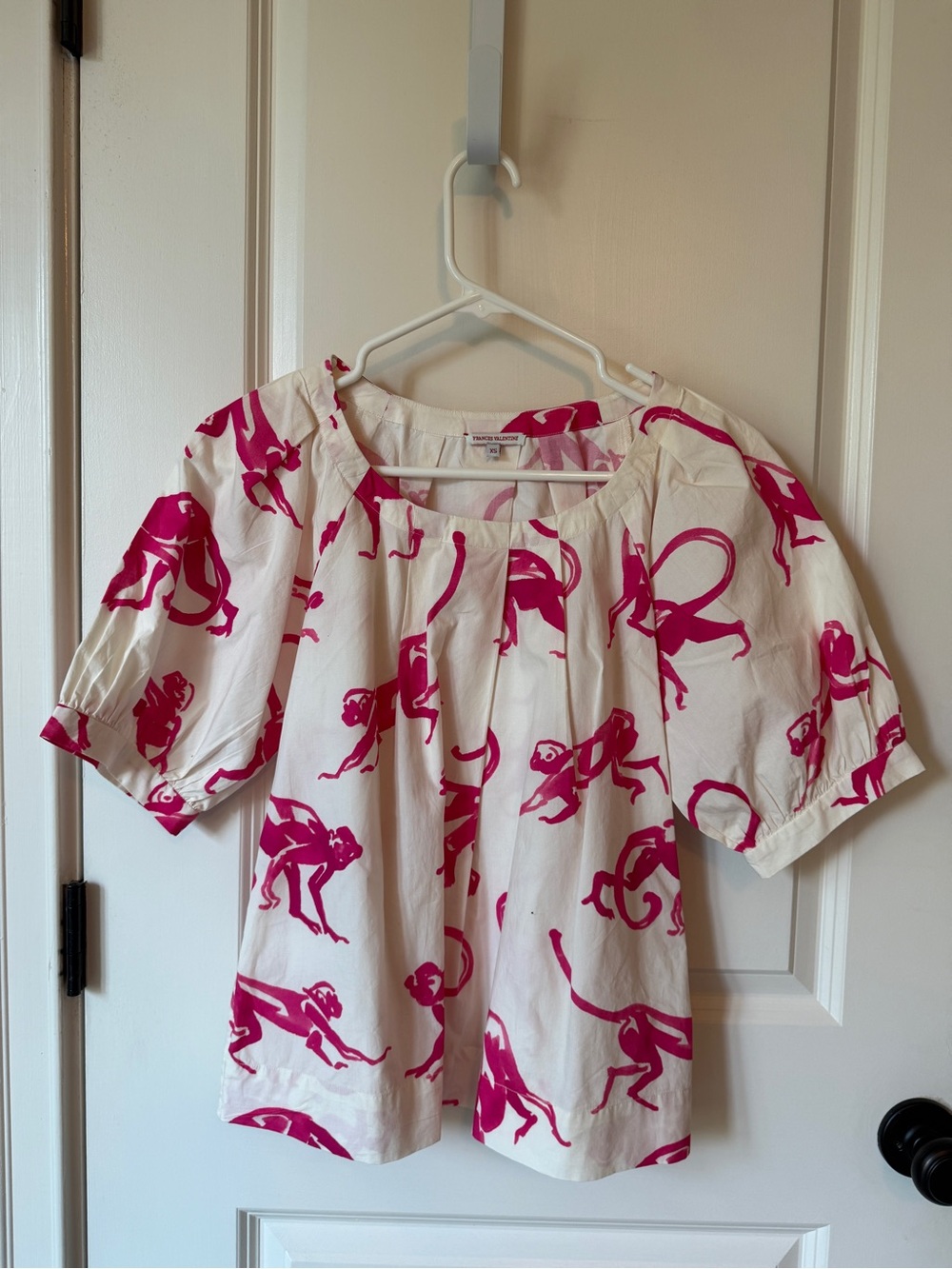 NWOT Frances Valentine White Top with Hot Pink Monkey Print Blouse